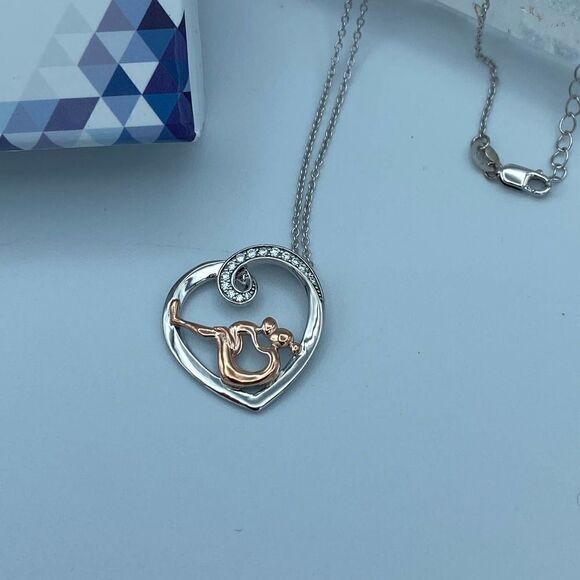 Mom And Child Sterling Silver Rose Gold CZ Necklace - Picture 4 of 5
